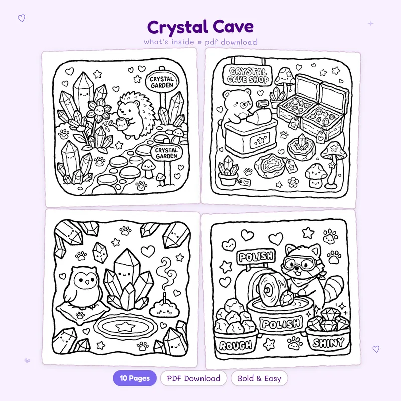 Four cute black and white crystal cave coloring pages in a grid layout for kids and adults