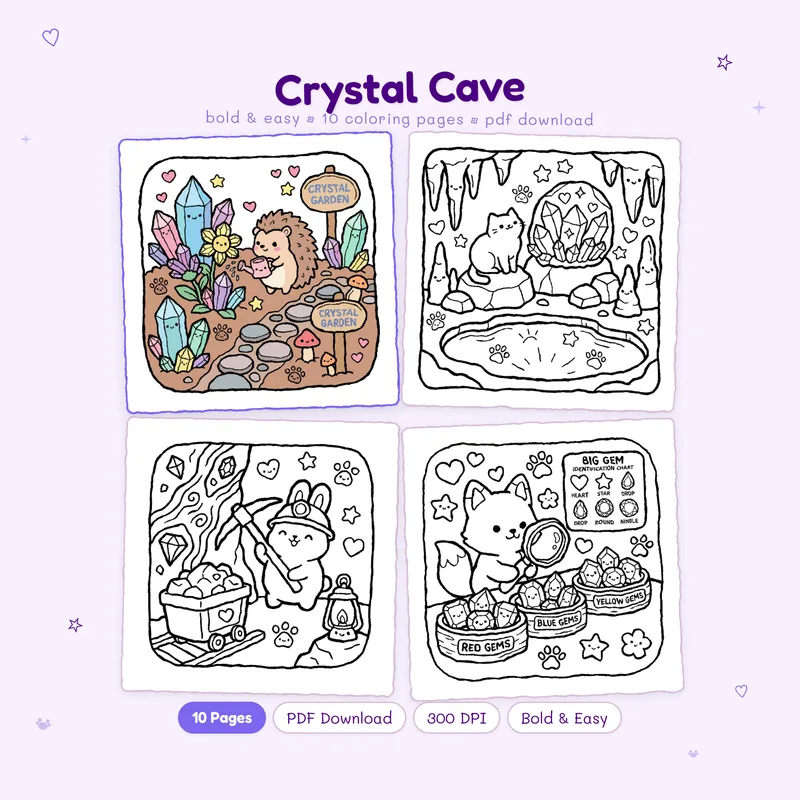 Crystal Cave coloring book cover and sample pages featuring cute fantasy designs by MiyoPages