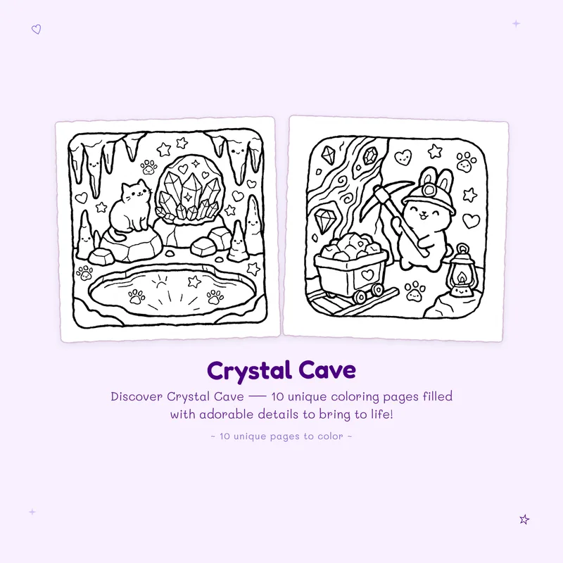 Easy crystal cave coloring book designs with bold outlines perfect for markers and simple coloring
