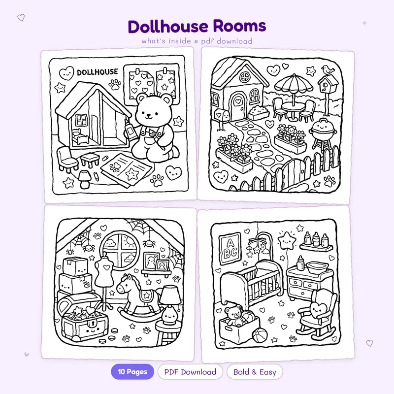 A grid showing four black and white Dollhouse Rooms coloring pages featuring cute miniature furniture and decor