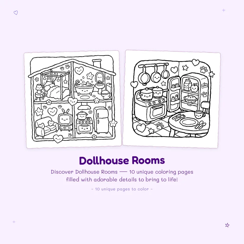 Bold outlines on Dollhouse Rooms coloring pages designed for easy and relaxing coloring of tiny kawaii rooms
