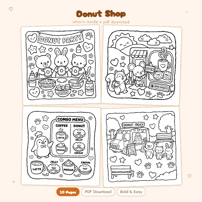 Four preview coloring pages of a kawaii Donut Shop featuring sweet treats and bakery scenes in black and white