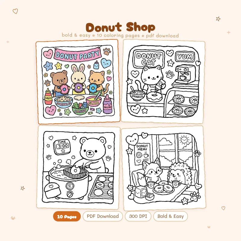 Donut Shop coloring book cover by MiyoPages showing cute dessert pages with one colored donut example