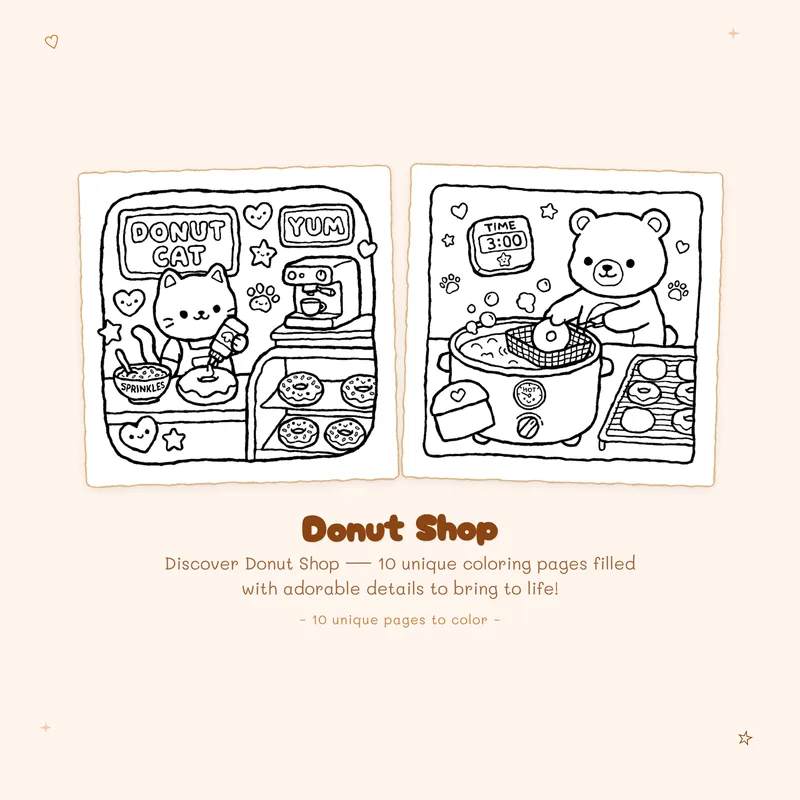 Donut Shop coloring book with bold lines and easy designs for simple and relaxing foodie coloring pages