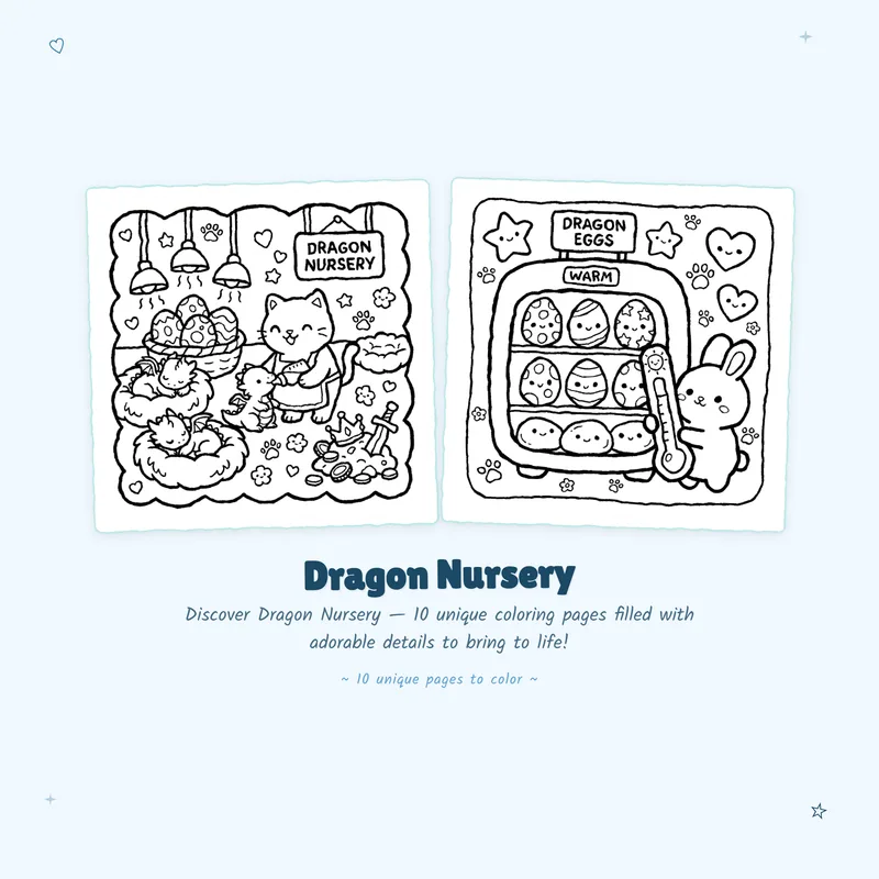 Cute Dragon Nursery coloring book designs featuring bold outlines and easy to color fantasy coloring pages