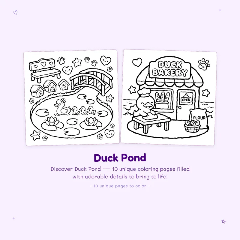 Duck Pond coloring book pages highlighting bold outlines and easy designs for a fun animal lover coloring activity