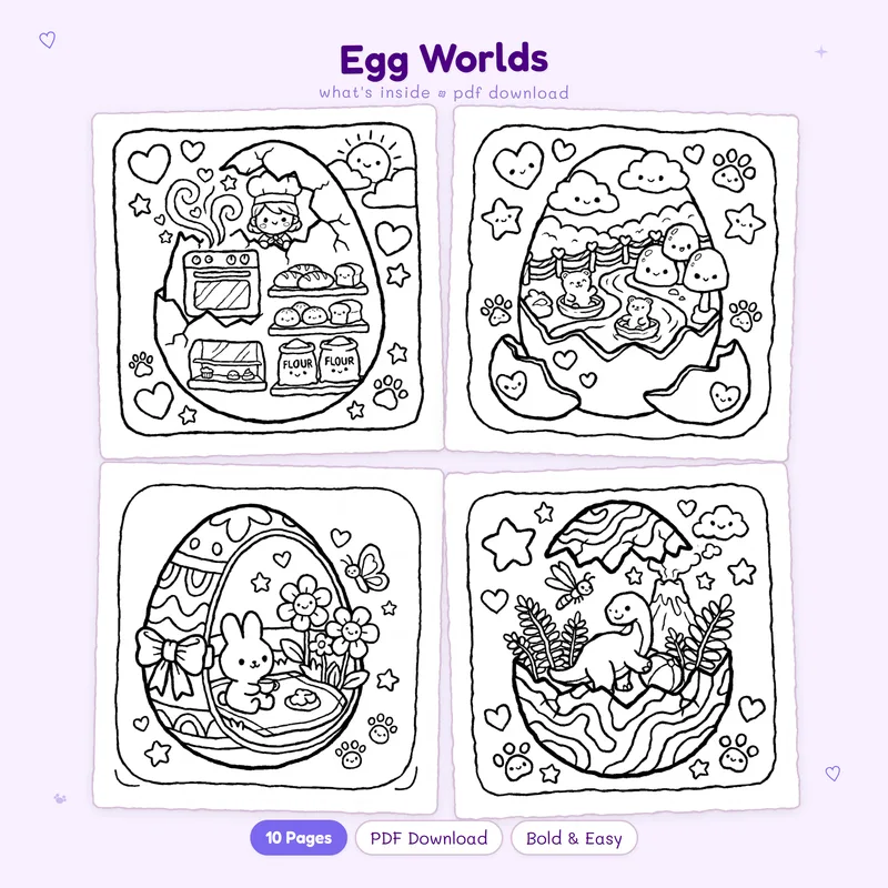 A grid of four detailed Egg Worlds coloring pages featuring cute miniature art in black and white