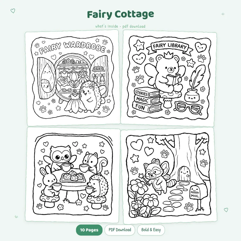 Four black and white Fairy Cottage coloring pages in a grid layout showing various fantasy cottage designs