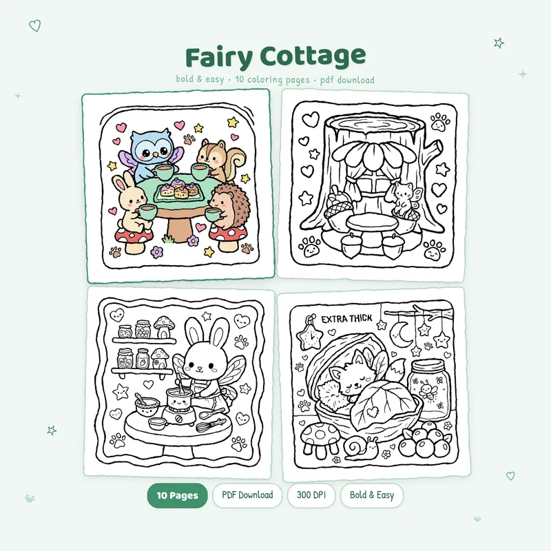 Fairy Cottage coloring book by MiyoPages with cute cover and black and white sample coloring pages