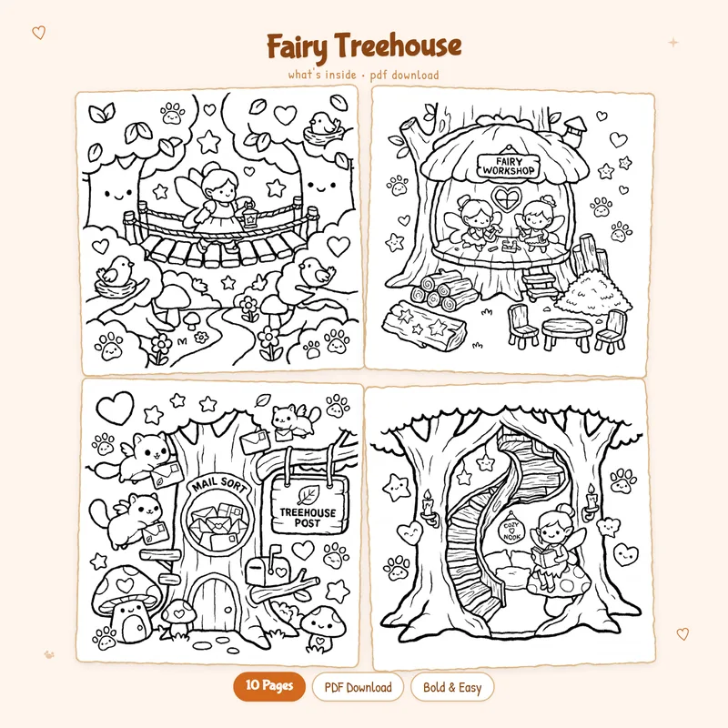 Four black and white Fairy Treehouse coloring pages displayed in a grid for this digital download.