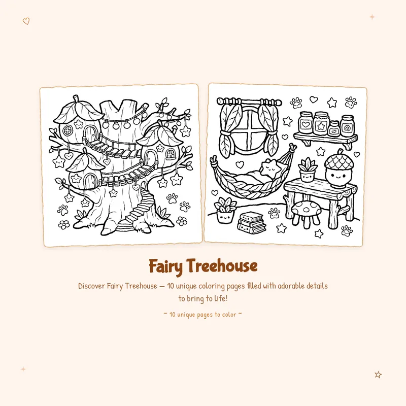 Simple Fairy Treehouse coloring book designs with bold lines and easy patterns for cute fairy coloring fun.