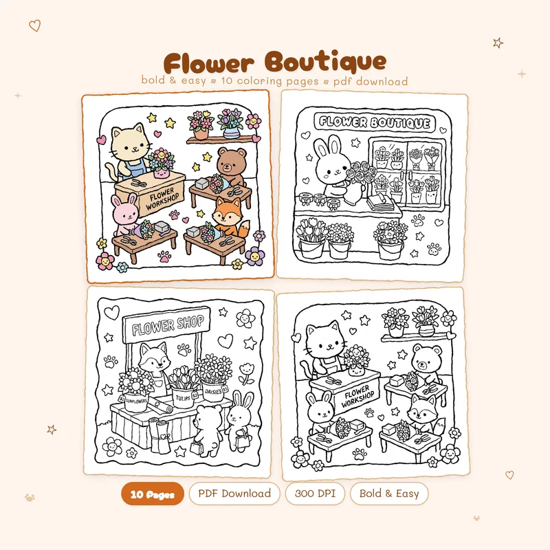Flower Boutique coloring book by MiyoPages featuring a cute cover and black and white flower shop coloring pages