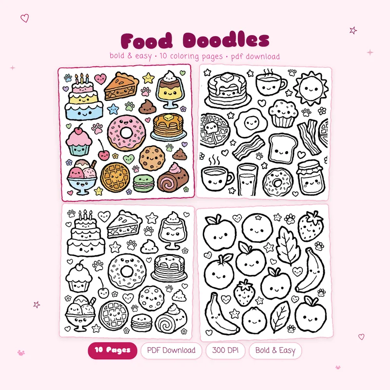 Food Doodles coloring book cover by MiyoPages with cute food patterns and black and white sample coloring pages