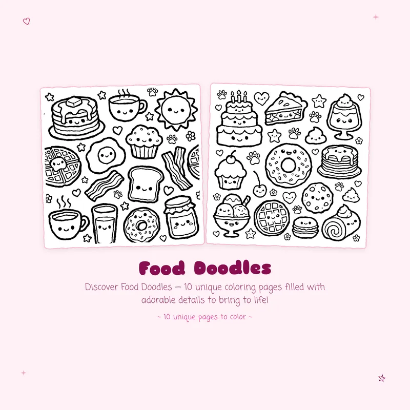 Easy Food Doodles coloring book pages showing bold outlines and simple designs for relaxing and creative coloring