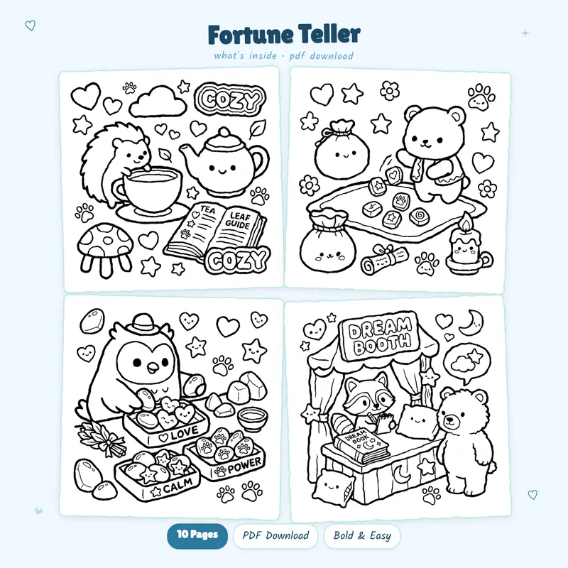 Four black and white kawaii Fortune Teller coloring pages in a grid showing celestial tarot and crystal ball designs
