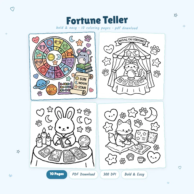 Kawaii Fortune Teller coloring book cover by MiyoPages with celestial colored and black and white sample pages