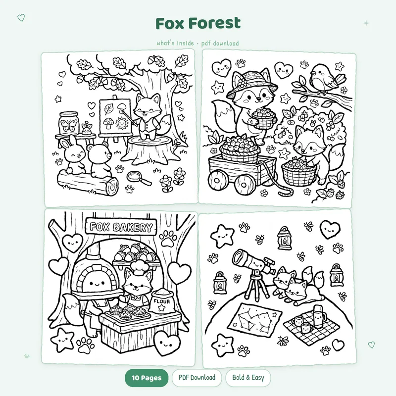 Four black and white Fox Forest coloring pages in a grid layout featuring cute kawaii animal designs
