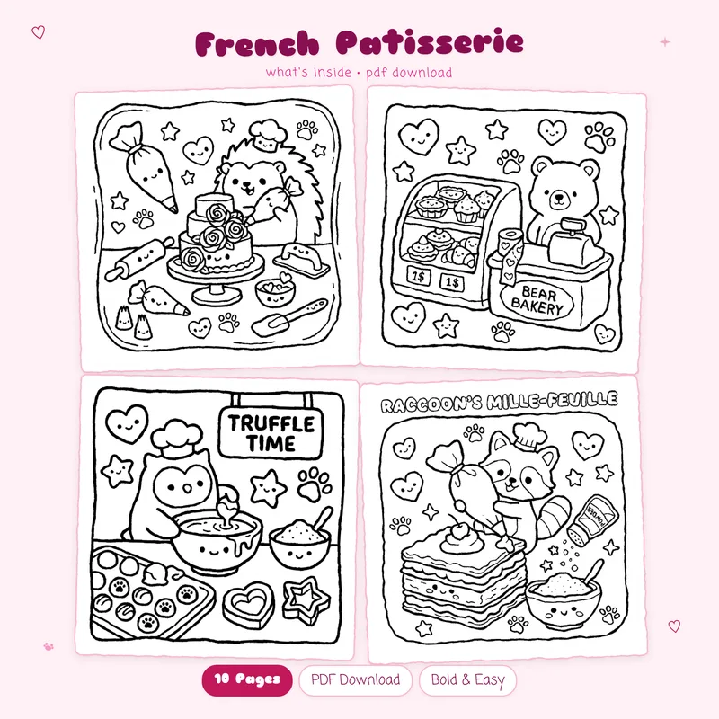 Four black and white French Patisserie coloring pages in a grid showing cute food designs