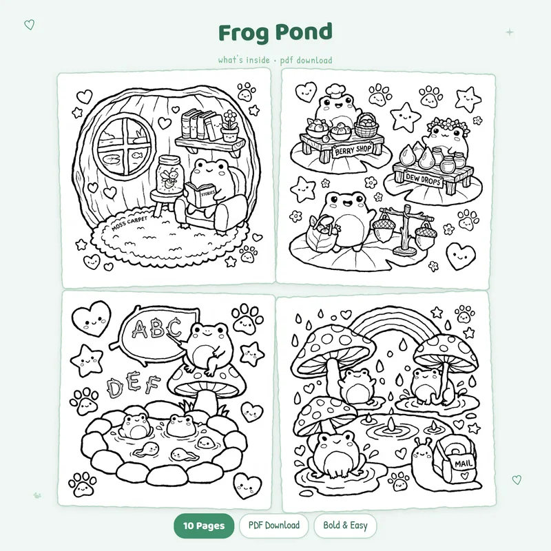 Four black and white Frog Pond coloring pages in a grid layout featuring cute pond life illustrations