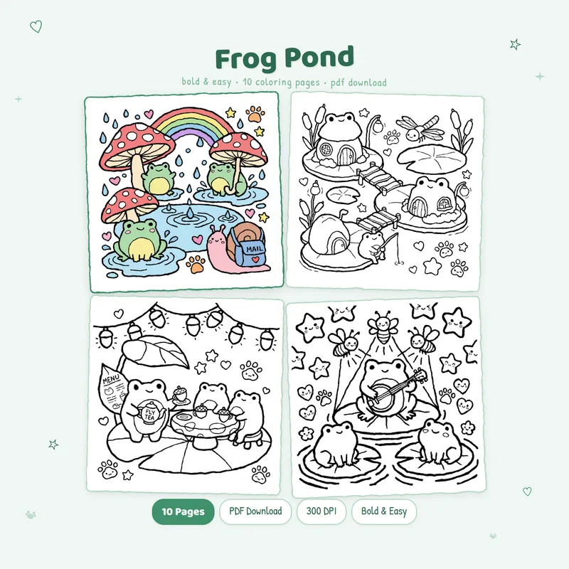 Frog Pond coloring book by MiyoPages showing a cute cover colored sample and black and white previews