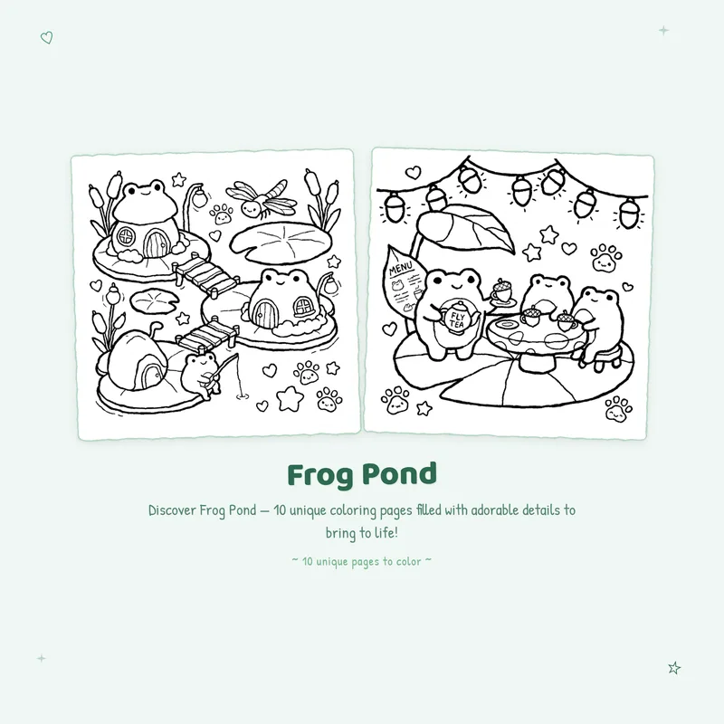 Bold outlines on Frog Pond coloring book pages showing easy designs for stress free coloring