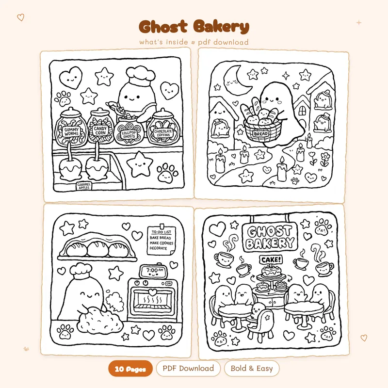 Four black and white Ghost Bakery coloring pages in a grid showing cute ghosts with pastries and bread