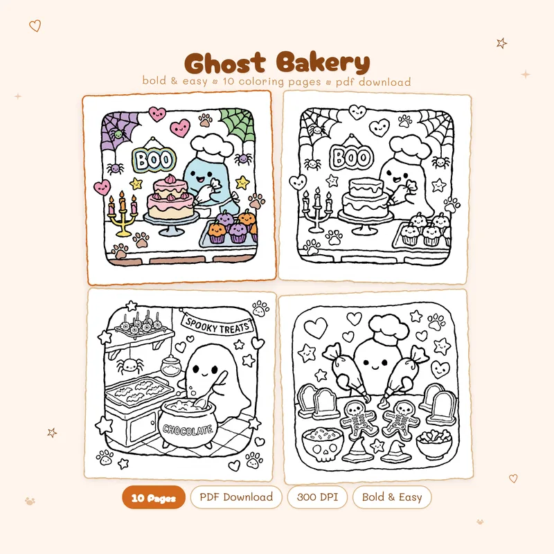 Ghost Bakery coloring book by MiyoPages featuring a cute ghost baker and sample black and white coloring pages