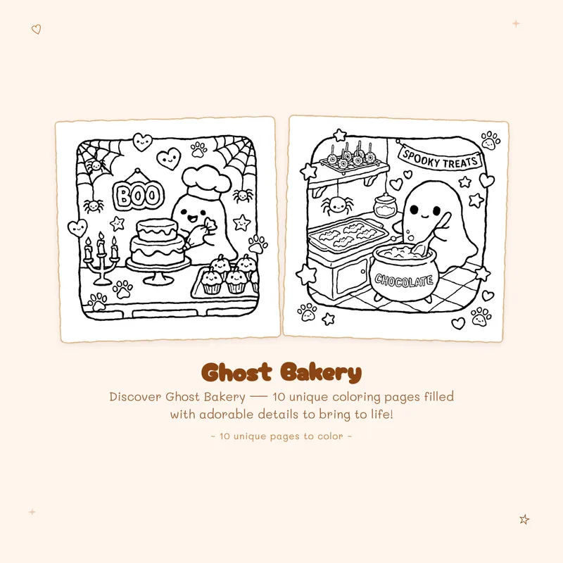 Easy Ghost Bakery coloring pages with bold lines and simple designs perfect for a spooky cute coloring book