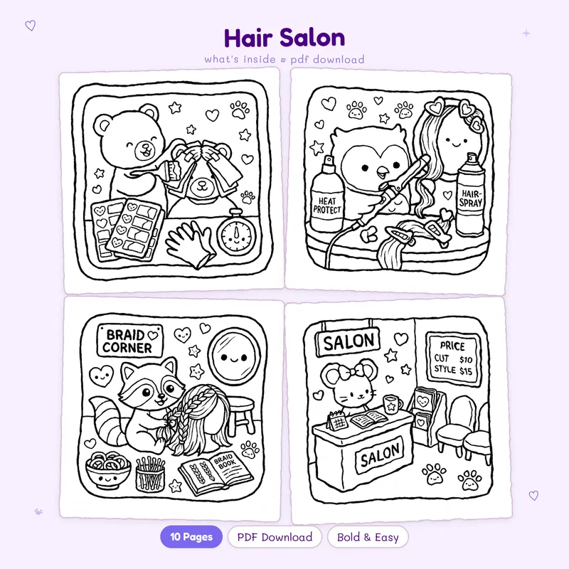 Four black and white hair salon coloring pages featuring cute characters and beauty salon tools in a grid layout