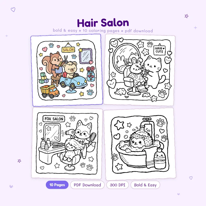 MiyoPages Hair Salon coloring book cover showing a colored sample and three black and white preview pages