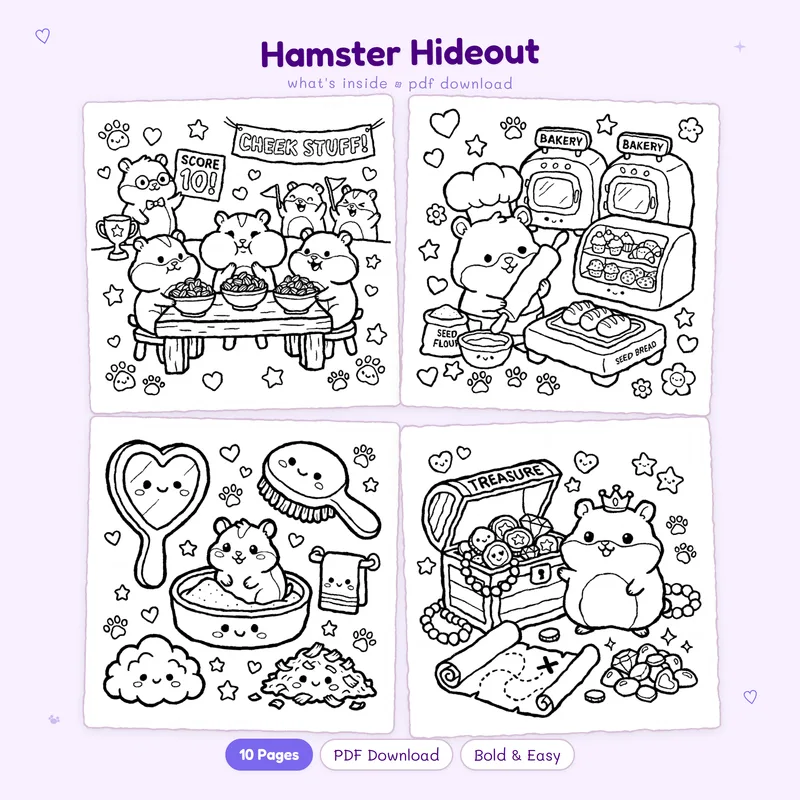 Four black and white Hamster Hideout coloring pages in a grid for animal lovers to print as a digital download