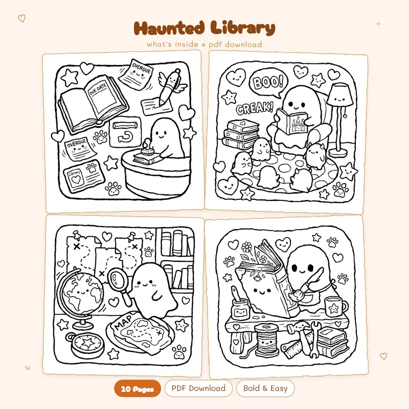 Four black and white Haunted Library coloring pages in a grid showing spooky and cute ghost and book designs