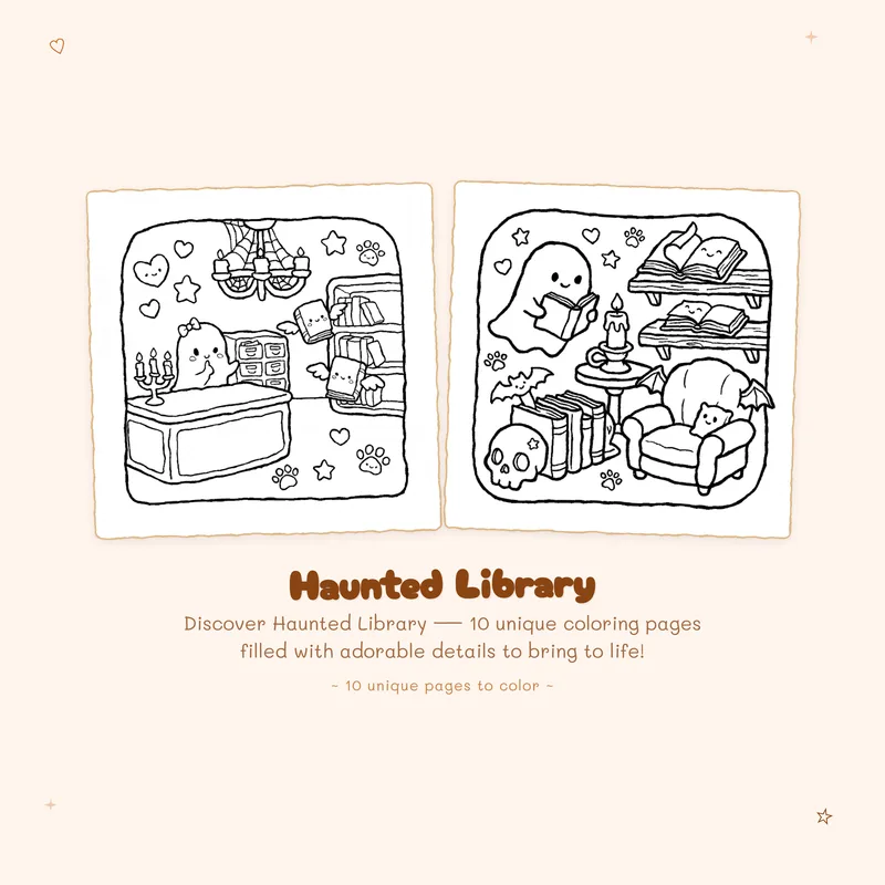 Bold outlines and easy designs featured in this Haunted Library coloring book for relaxing and fun coloring