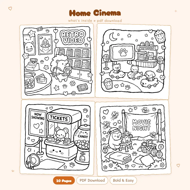 Four black and white Home Cinema coloring pages in a 2x2 grid showing cozy movie theater scenes