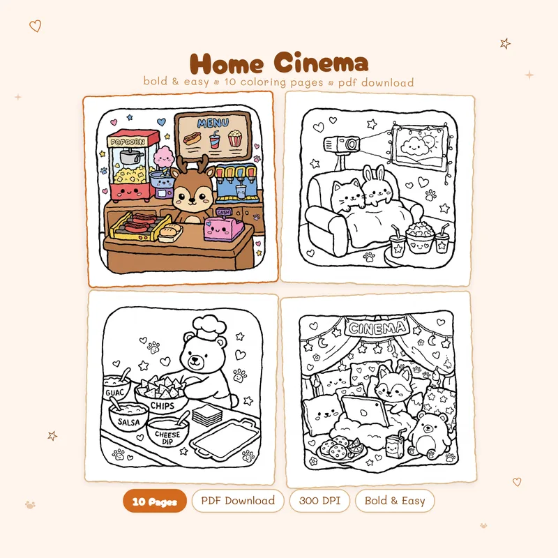 Home Cinema coloring book by MiyoPages featuring a cute cover and black and white sample pages