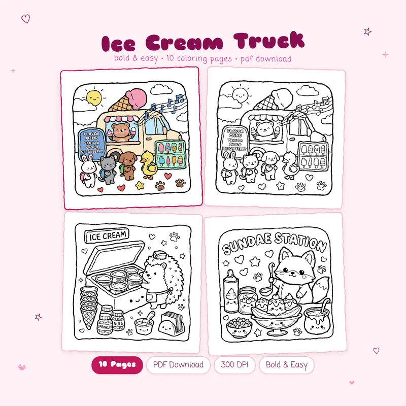 MiyoPages Ice Cream Truck coloring book cover featuring a colored page and simple black and white illustrations