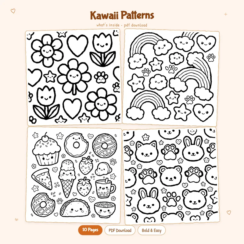 Four black and white Kawaii Patterns coloring pages for kawaii coloring hobby enthusiasts