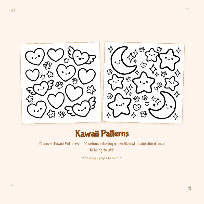 Easy Kawaii Patterns coloring pages featuring bold outlines and simple shapes for a relaxing hobby