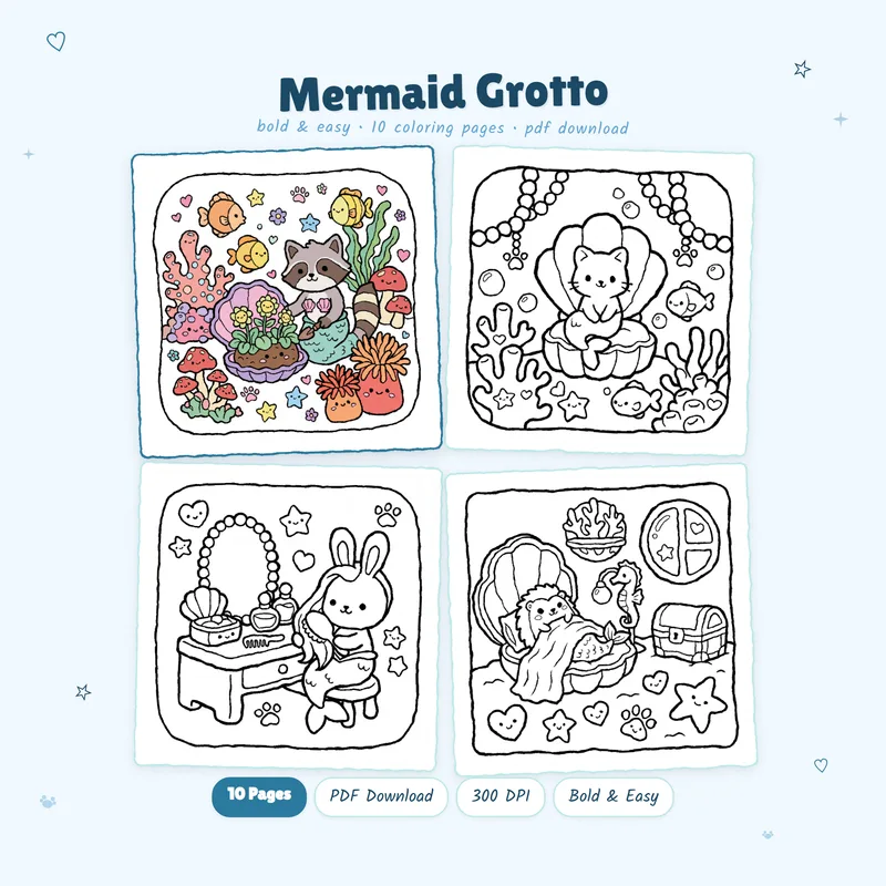 Mermaid Grotto coloring book by MiyoPages featuring a colorful cover and black and white interior preview pages