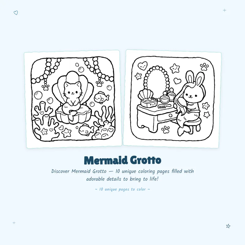 Mermaid Grotto coloring book sample pages highlighting bold outlines and easy designs perfect for all skill levels