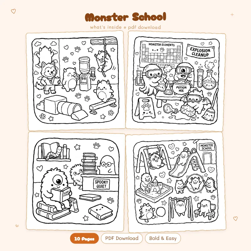 A four page preview grid of spooky cute Monster School coloring pages featuring adorable student monsters
