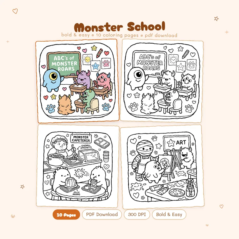 Monster School coloring book cover by MiyoPages with colored sample and three black and white coloring pages