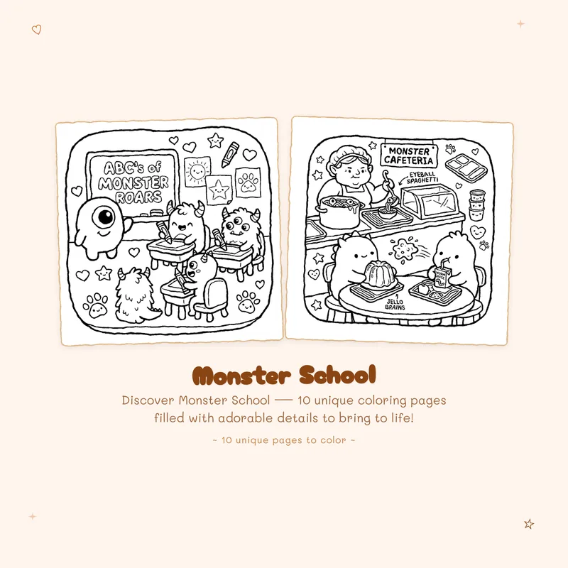 Easy Monster School coloring book designs with bold outlines perfect for a fun and spooky cute halloween gift