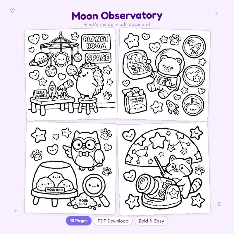 Grid of four black and white celestial Moon Observatory coloring pages featuring cute kawaii illustrations