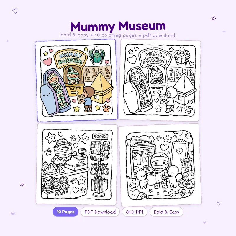 Mummy Museum coloring book by MiyoPages featuring a cute mummy cover with black and white preview pages