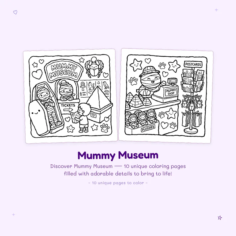 Mummy Museum coloring pages with bold outlines and easy designs for a fun spooky cute coloring book experience