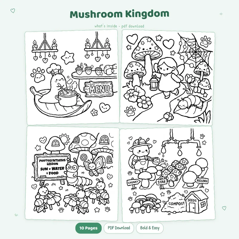 Four cute Mushroom Kingdom coloring pages shown in a grid with detailed botanical and fungi illustrations