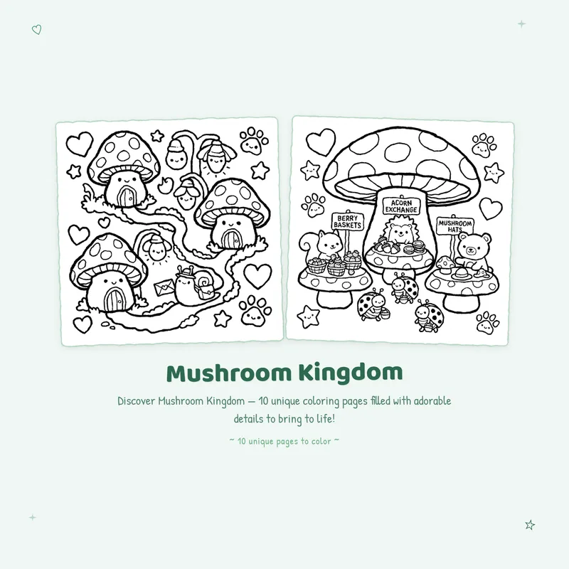 Easy Mushroom Kingdom coloring book pages with bold outlines for kids or adults to enjoy simple garden art