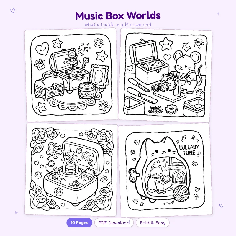 A grid of four black and white Music Box Worlds coloring pages featuring cute miniature dioramas