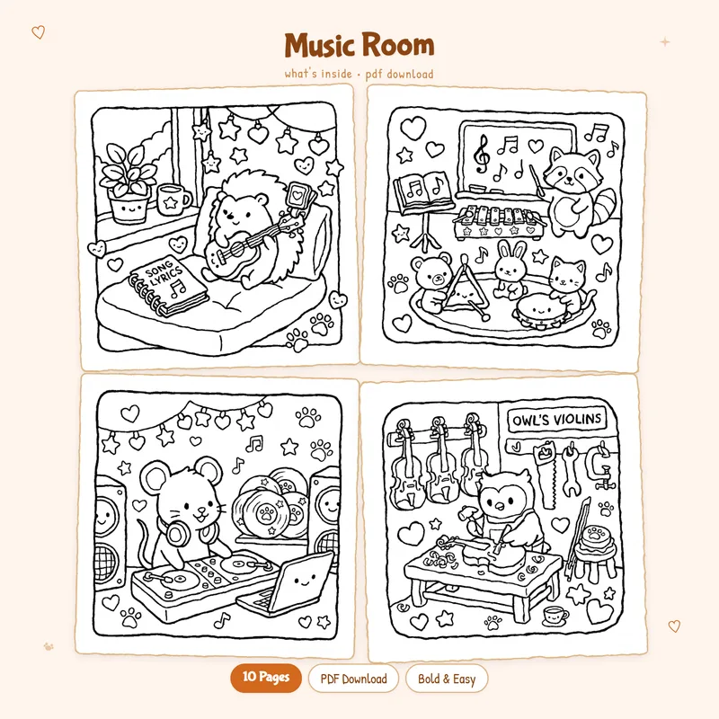A four page grid of black and white Music Room coloring pages showing cute musical instruments and cozy decor